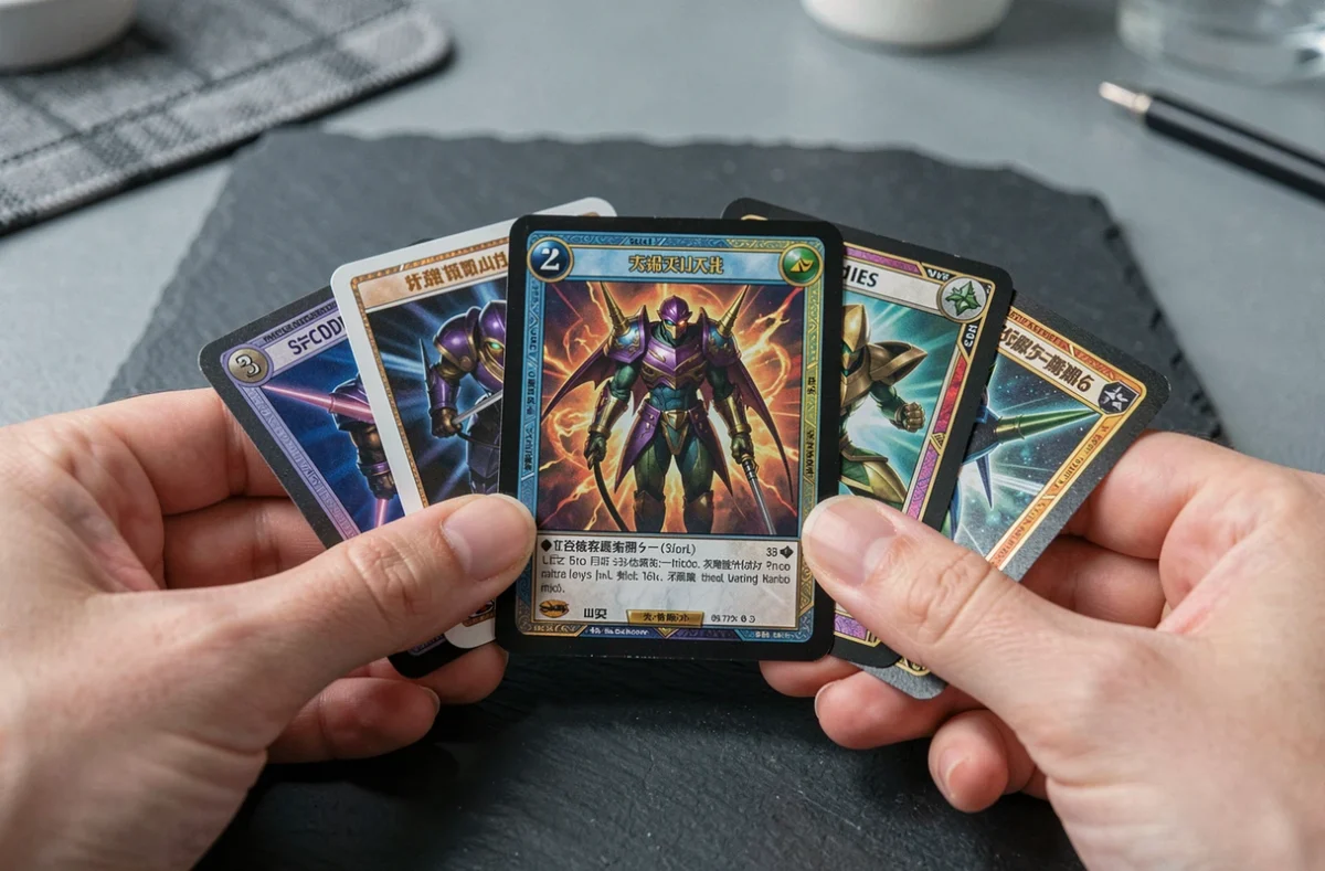 Gros plan sur des cartes rares du booster Étincelles Déferlantes étalées sur une surface ardoise sombre
