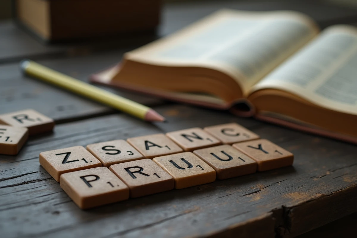 Gros plan sur un chevalet de Scrabble avec une tuile lettre Z en bois, posé à côté d'un dictionnaire Scrabble français ouvert