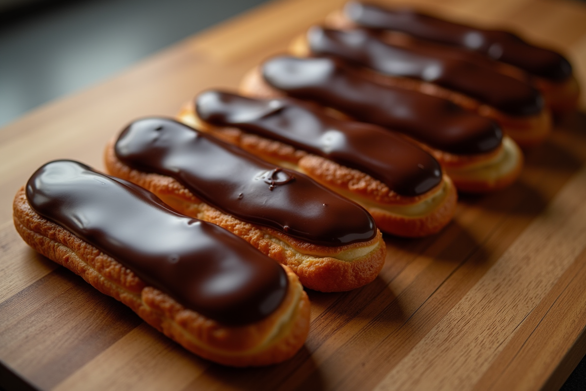 Plusieurs éclairs au chocolat sur une table en bois vue de dessus
