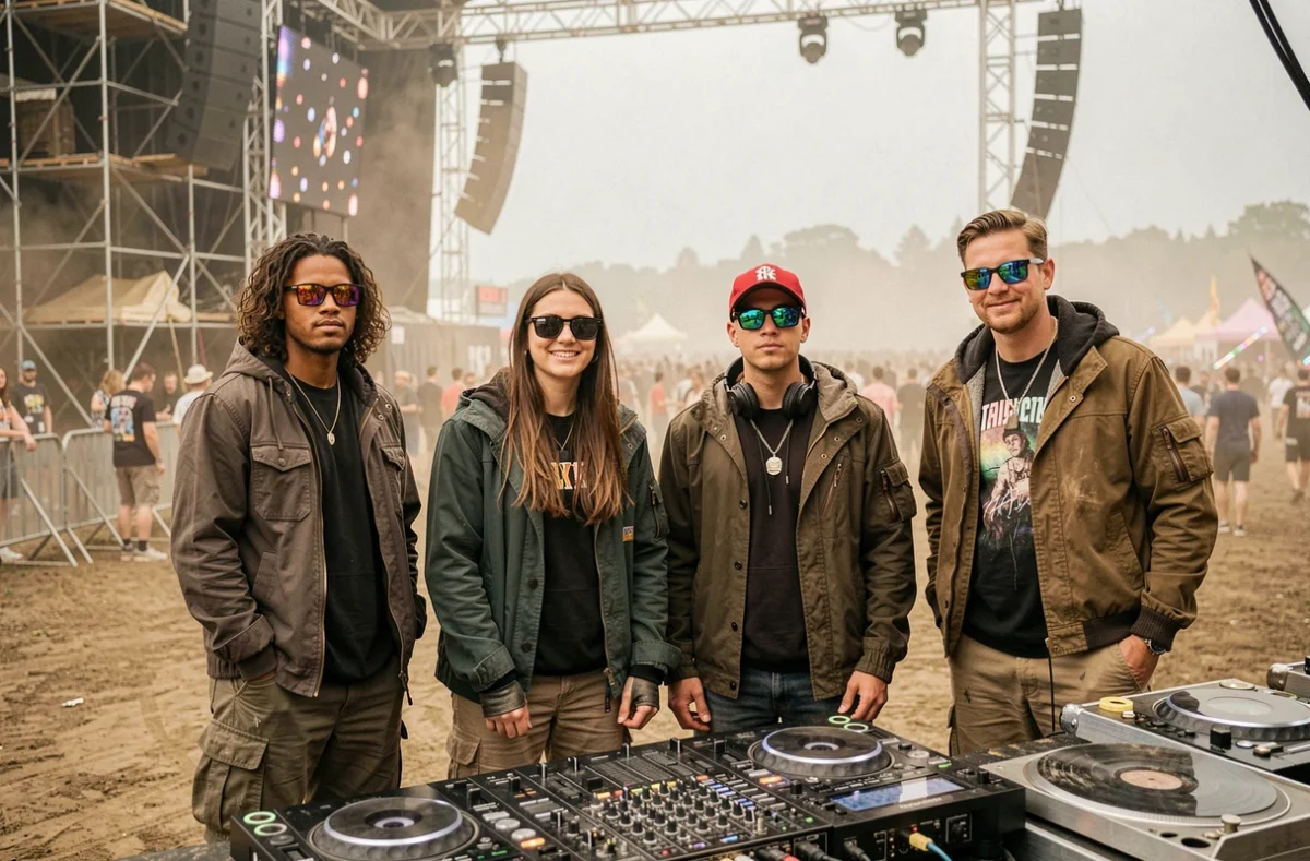 Groupe de passionnés de techno autour d'une console DJ lors d'un festival outdoor contemporain