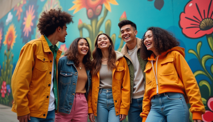 Groupe de jeunes devant un mur de fresques fantasy colorées