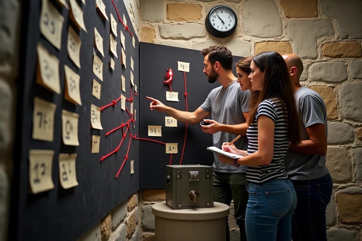 Groupe de joueurs collaborant devant un tableau d'indices dans une escape room avec cadenas et codes chiffrés