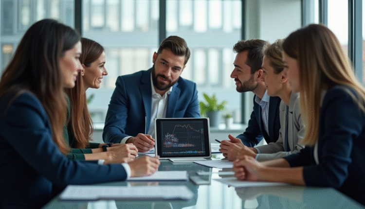 Groupe de professionnels autour d'une tablette en bureau lumineux