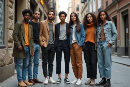 Groupe de jeunes adultes divers en ville avec tenues mixtes