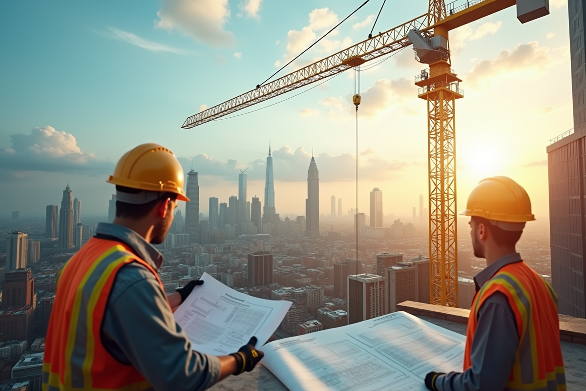 Grue jaune sur un chantier urbain animé avec ouvriers