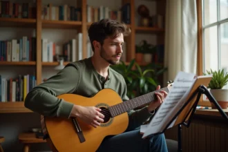 Jeune guitariste adulte lisant des partitions gratuites pour guitare sur un pupitre dans un home studio chaleureux