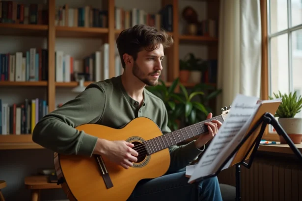 Jeune guitariste adulte lisant des partitions gratuites pour guitare sur un pupitre dans un home studio chaleureux