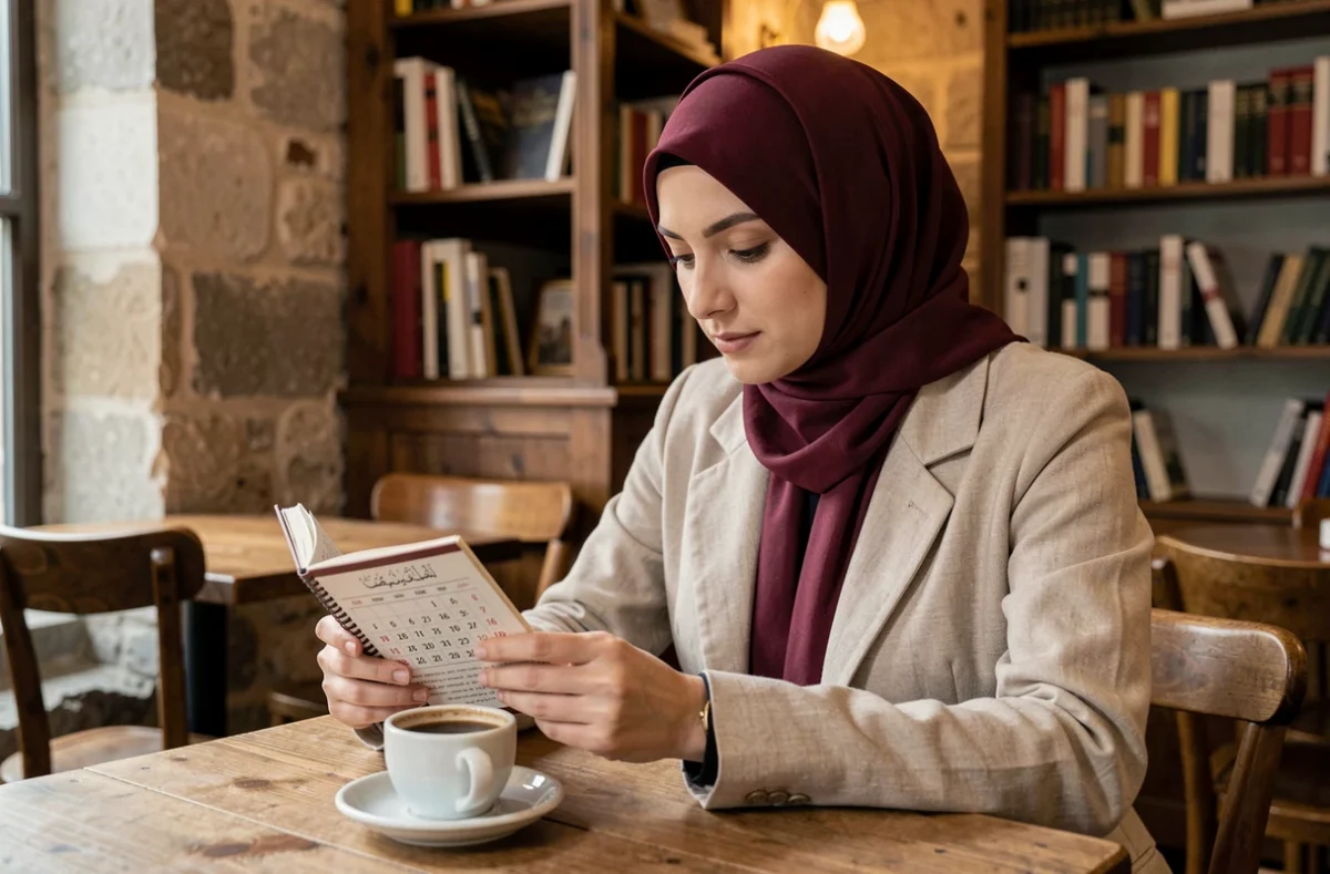 Jeune femme musulmane consultant un calendrier de prière islamique dans un café à Bordeaux