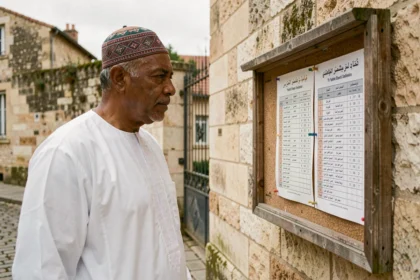 Homme consultant un tableau des horaires de prière affiché sur un panneau de mosquée à Bordeaux