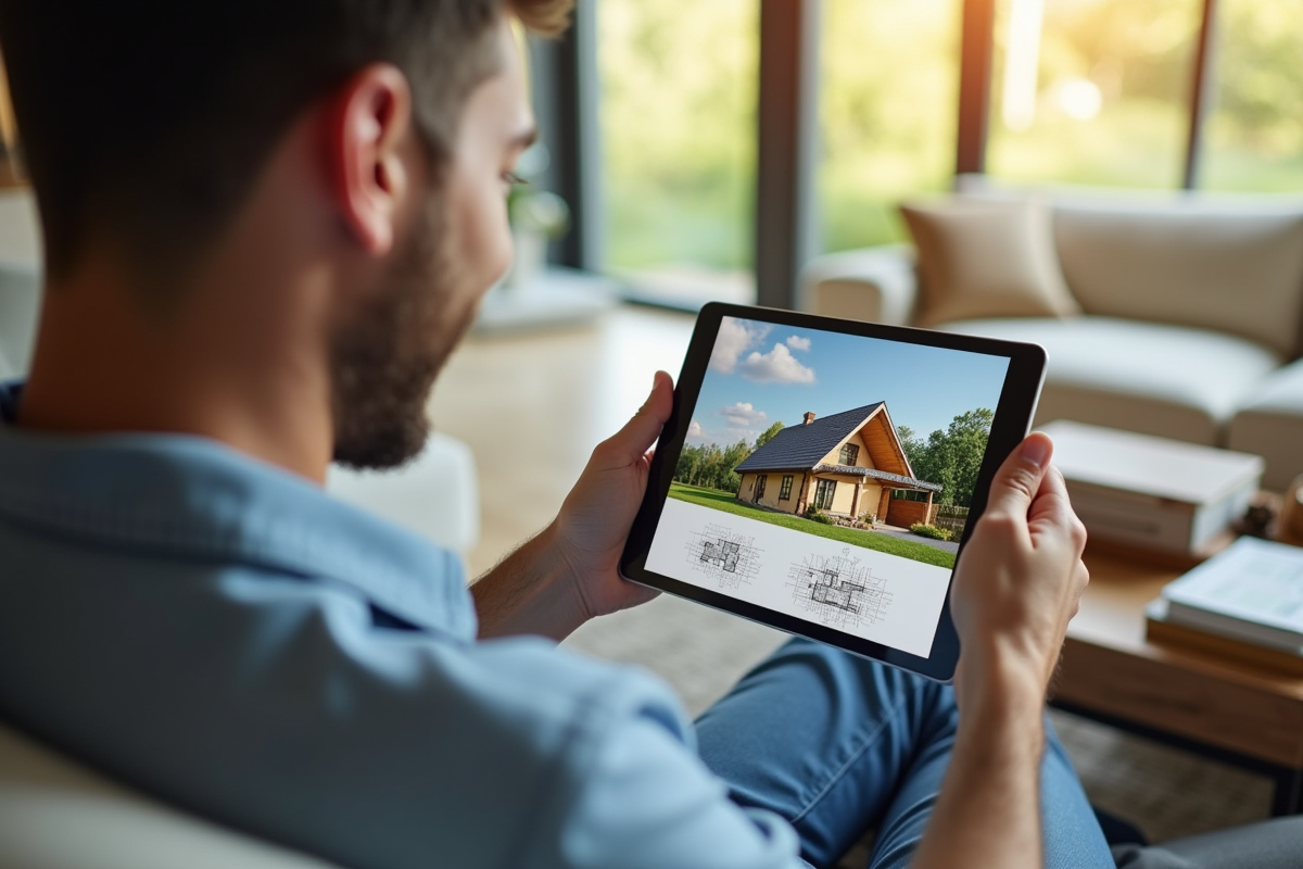 Particulier souriant utilisant une tablette avec schémas de maison