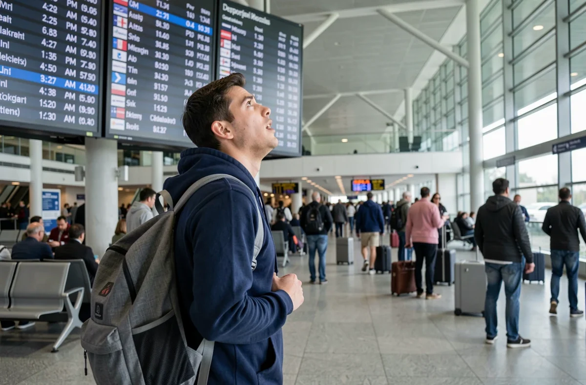 Homme francophone déchiffrant un tableau de départs d'aéroport avec des horaires en format AM et PM