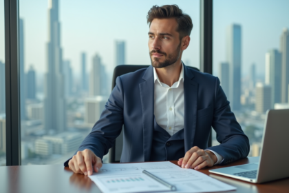 Homme d'affaires en costume à Dubai avec Burj Khalifa