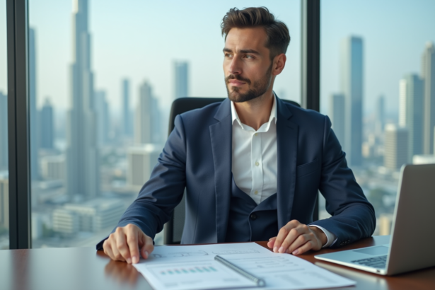 Homme d'affaires en costume à Dubai avec Burj Khalifa