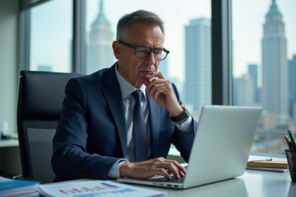 Homme d'affaires en costume bleu analysant des graphiques financiers