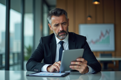 Homme d'affaires regardant des graphiques financiers sur tablette