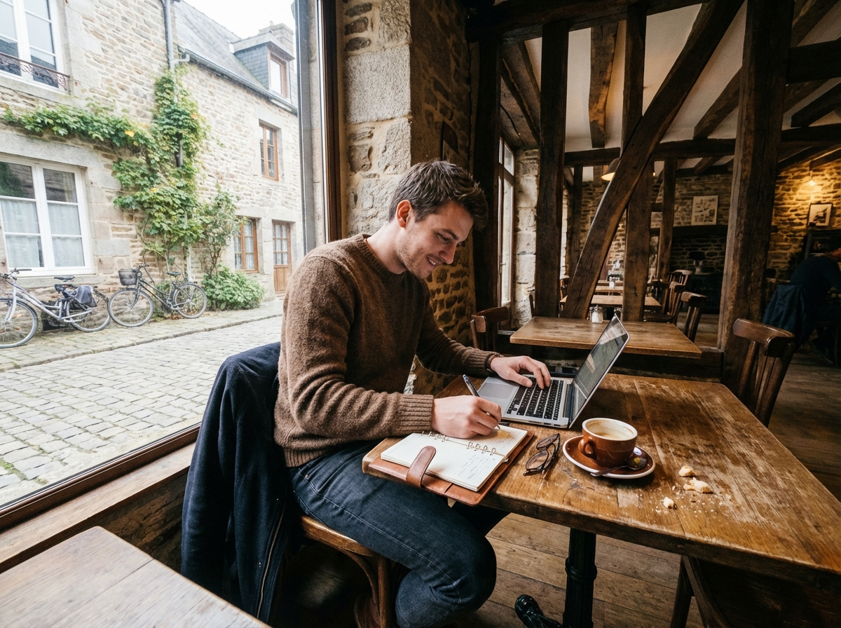 Jeune homme travaillant dans un café normand