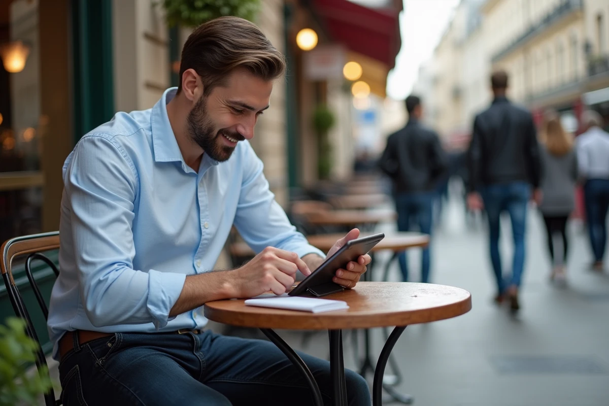 Homme lisant un webtoon sur une tablette dans un café parisien
