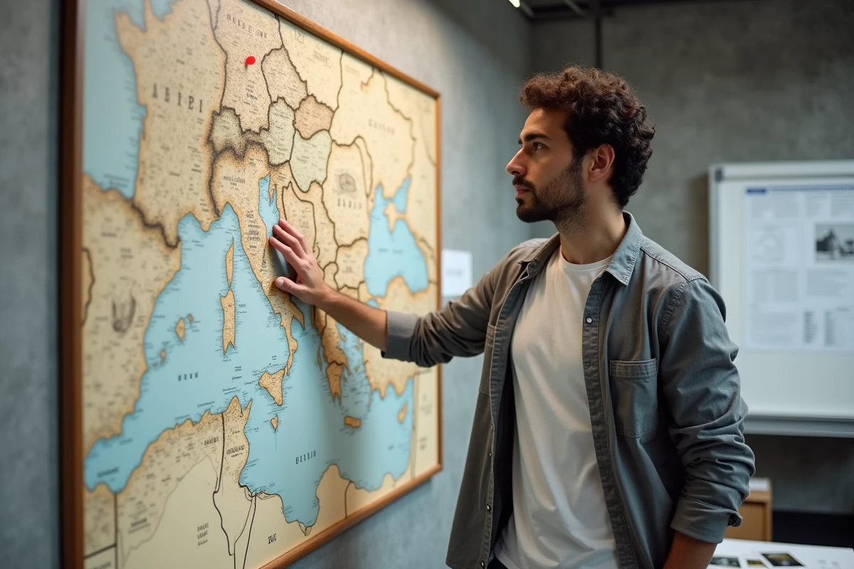Homme aux traits méditerranéens examinant une grande carte annotée de la région méditerranéenne dans un studio de recherche moderne, illustrant une réflexion sur les origines géographiques et culturelles