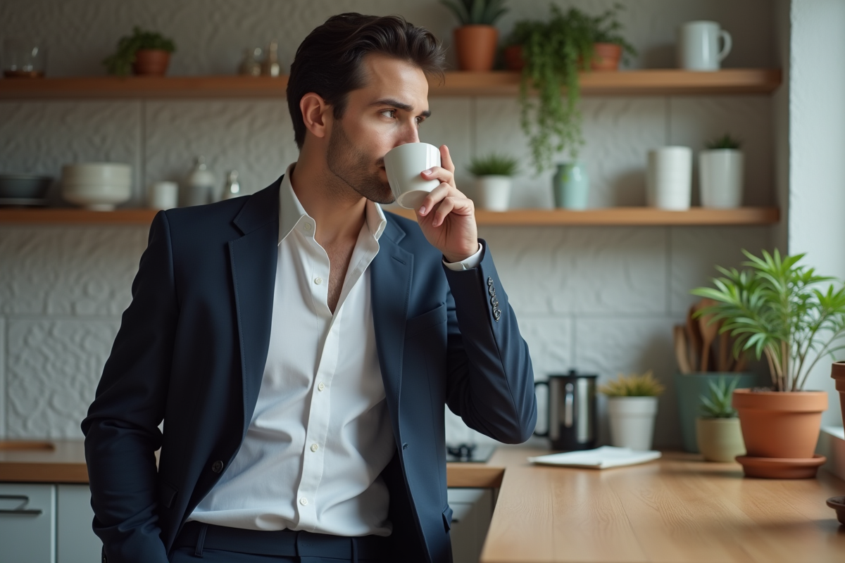 Homme en costume navy buvant un café dans une cuisine moderne