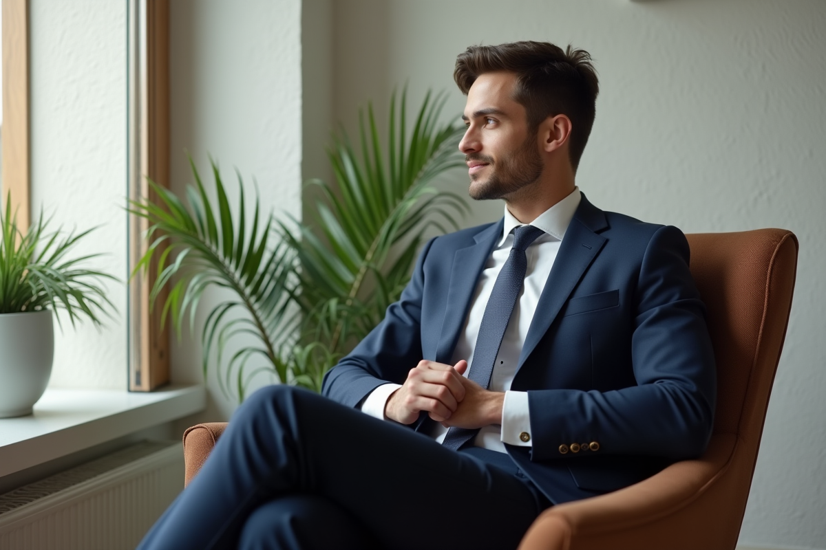 Homme en costume navy dans un intérieur minimaliste