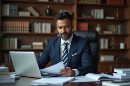 Homme d'affaires indien en costume navy en réunion