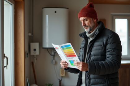 Homme lisant un certificat DPE dans un salon éco