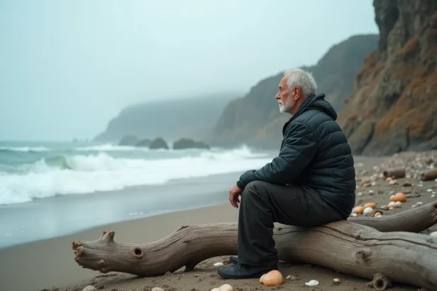Homme age contemplant l ocean sur la plage