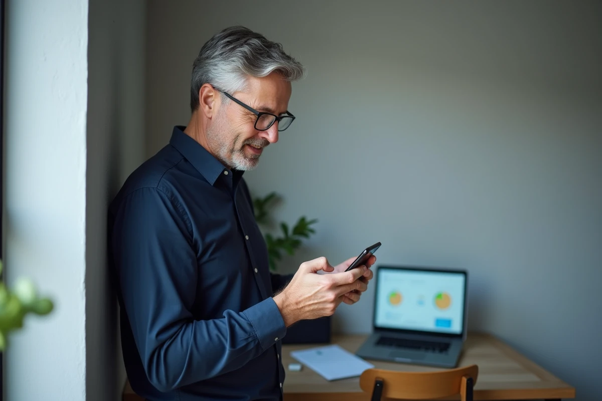 Homme accédant à son espace client EDF ENR depuis un smartphone dans un bureau à domicile