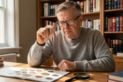 Homme examinant attentivement une pièce de 2 euros rare avec une loupe à son bureau de collection numismatique