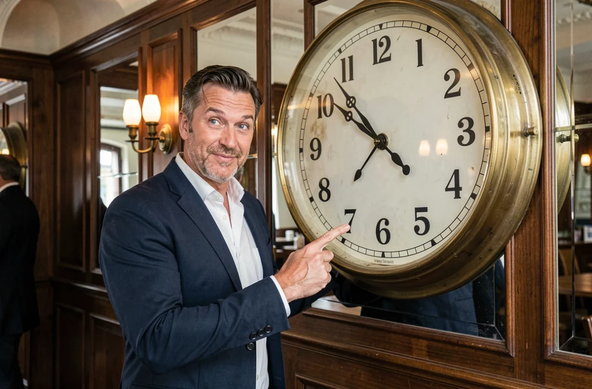 Homme français expliquant la notion d'heure AM et PM devant une horloge dans un bistrot parisien