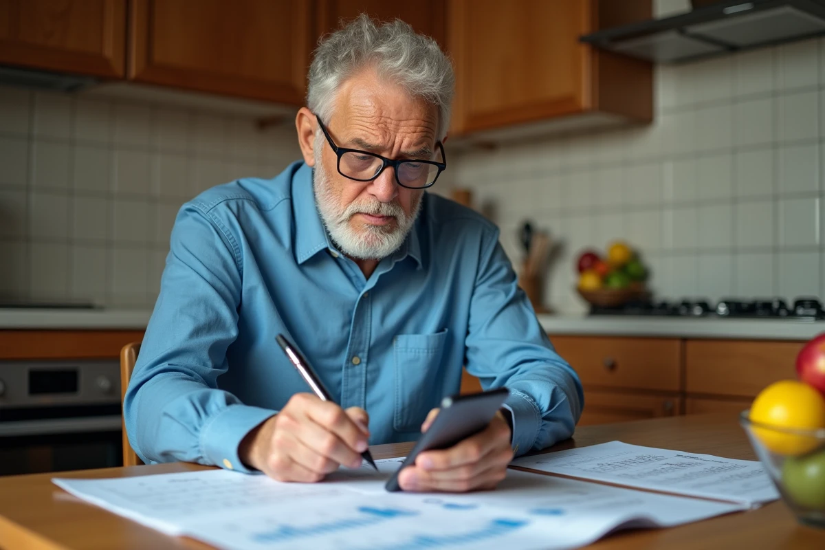 Homme âgé planifiant avec calendrier dans la cuisine