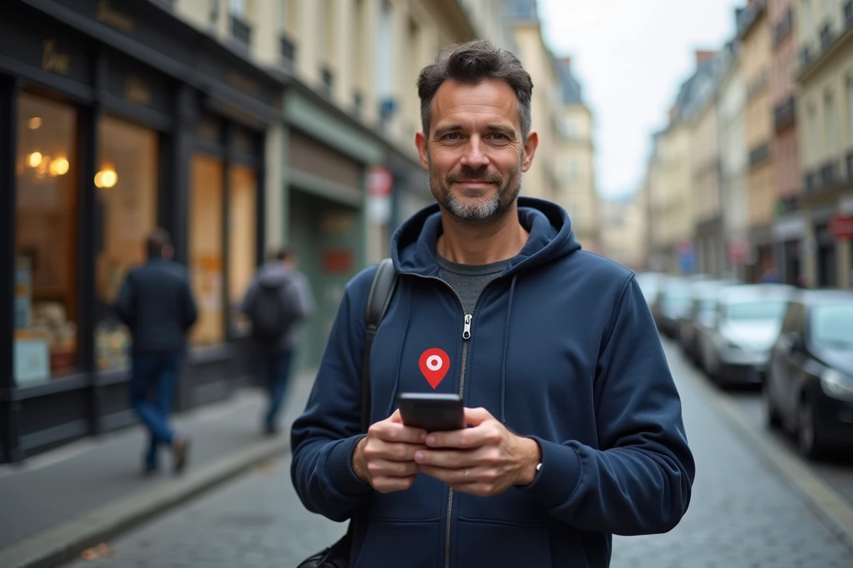 Homme consultant une application de géolocalisation d'adresse sur smartphone dans une rue française