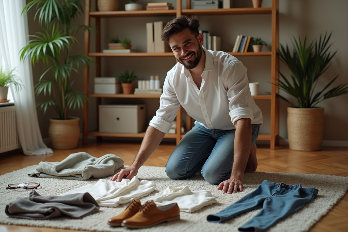 Jeune homme pliant ses vêtements dans un salon chaleureux