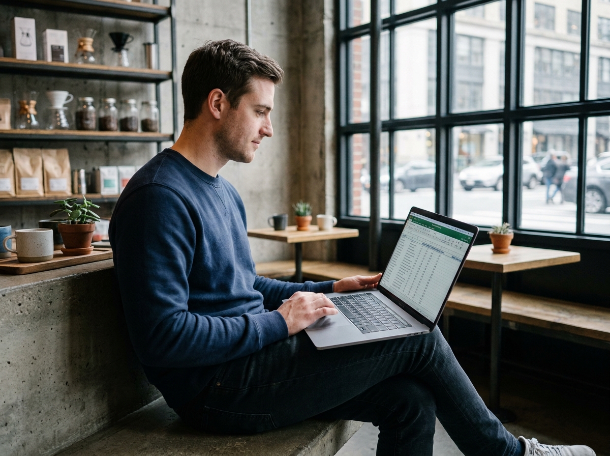 Homme assis dans un café urbain tenant un MacBook Pro sur les genoux en consultant une comparaison de modèles
