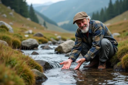 Homme âgé buvant à une source dans le Massif Central