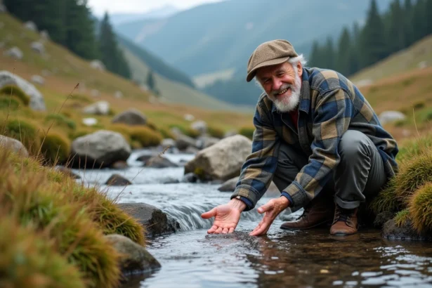 Homme âgé buvant à une source dans le Massif Central