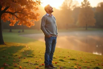 Homme méditant au lever du soleil dans un parc automnal