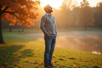 Homme méditant au lever du soleil dans un parc automnal