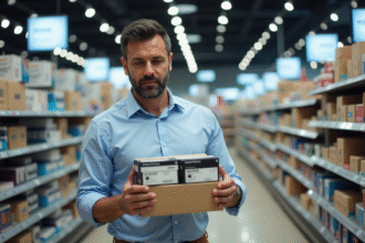 Homme d'âge moyen dans un magasin de fournitures de bureau