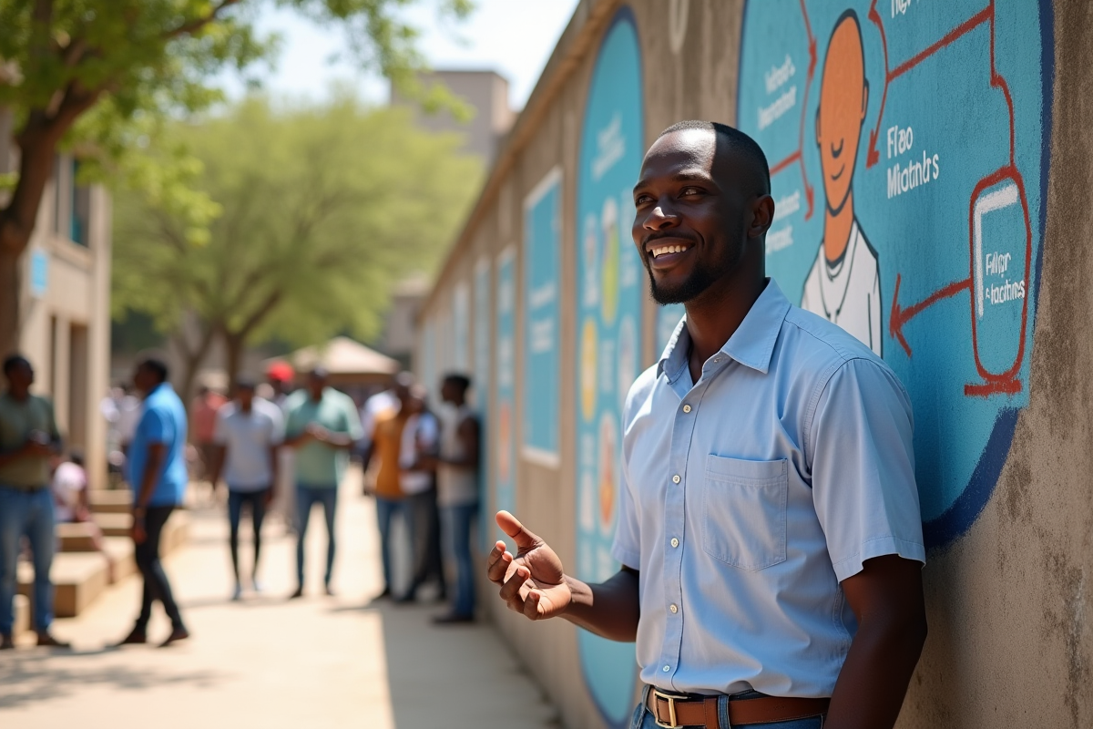 Homme ouest-africain discutant devant mural blockchain