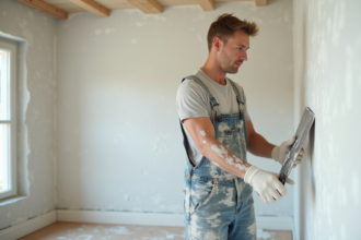 Hommes en train de lisser un enduit frais sur un mur intérieur