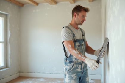 Hommes en train de lisser un enduit frais sur un mur intérieur