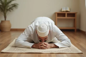 Homme en tenue blanche effectuant une prosternation sur un tapis de prière lors de la prière du witr