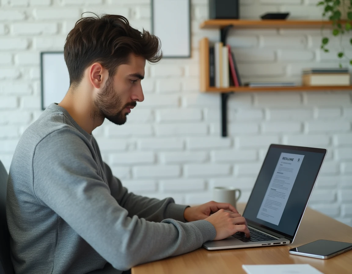 Homme consultant et rédigeant son CV sur ordinateur portable dans un bureau minimaliste à domicile