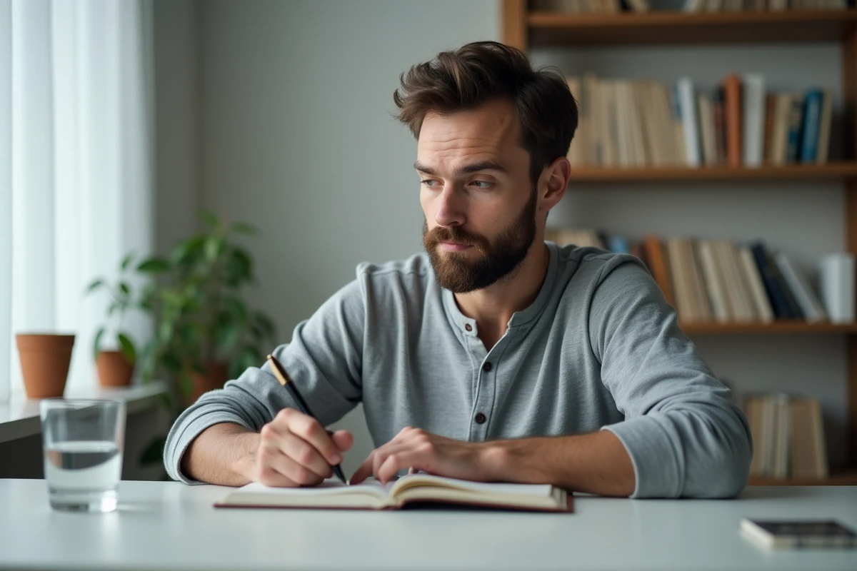 Homme concentré rédigeant un texte sincère pour un ami dans un carnet à son bureau à domicile