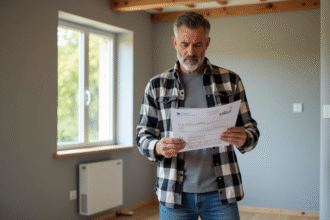 Homme vérifiant un rapport d'énergie dans une pièce rénovée