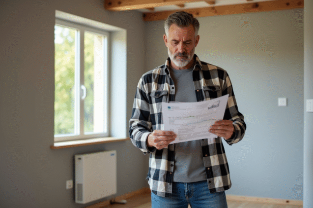 Homme vérifiant un rapport d'énergie dans une pièce rénovée