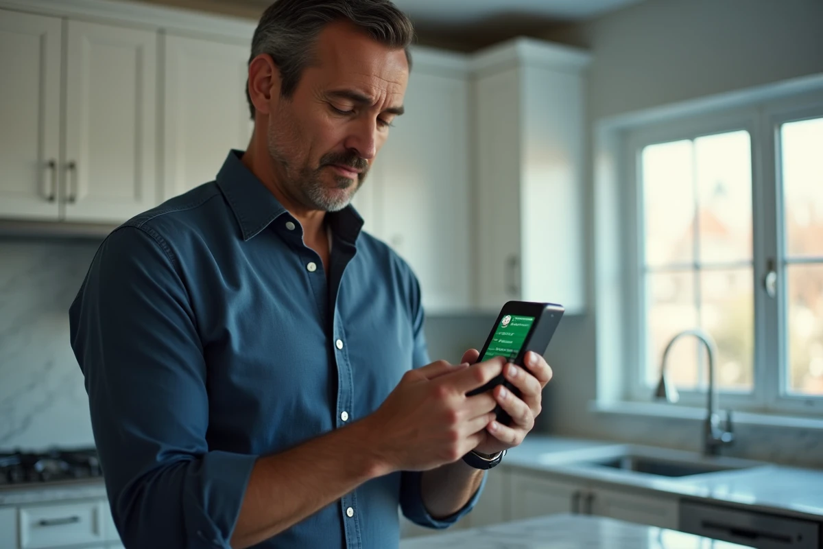 Homme consultant des rumeurs de célébrités sur smartphone avec expression dubitative dans une cuisine moderne
