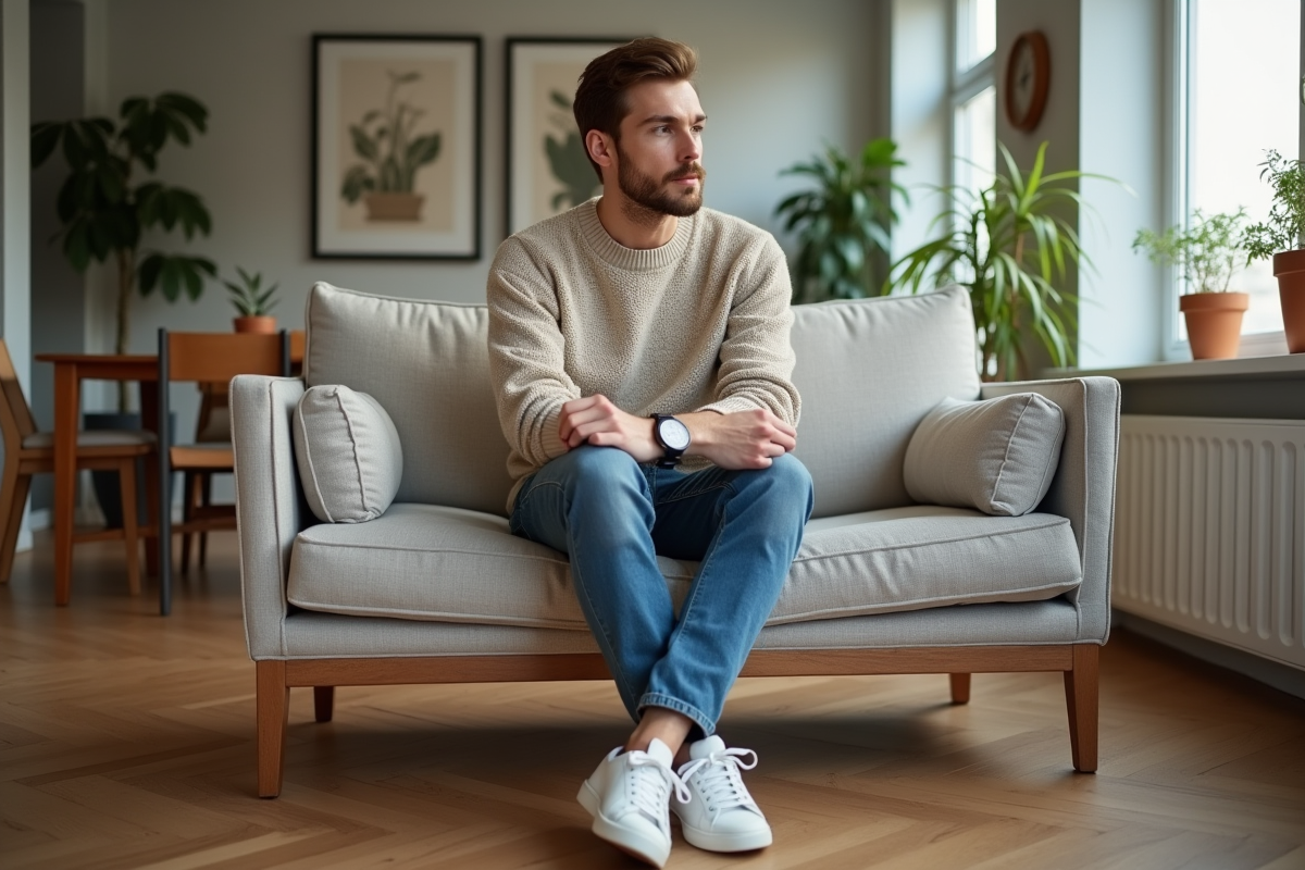 Homme en intérieur avec sofa et décoration moderne