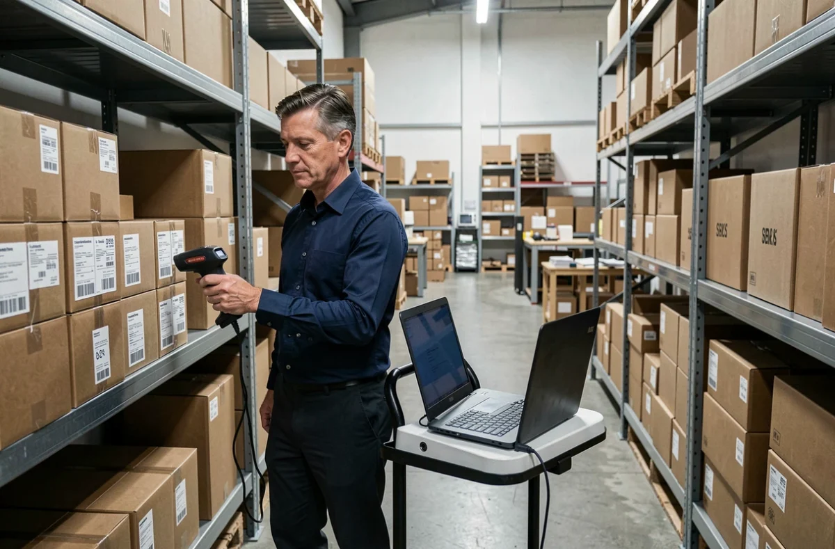 Homme utilisant un scanner de codes-barres Epsylon dans une réserve de magasin pour inventorier des produits